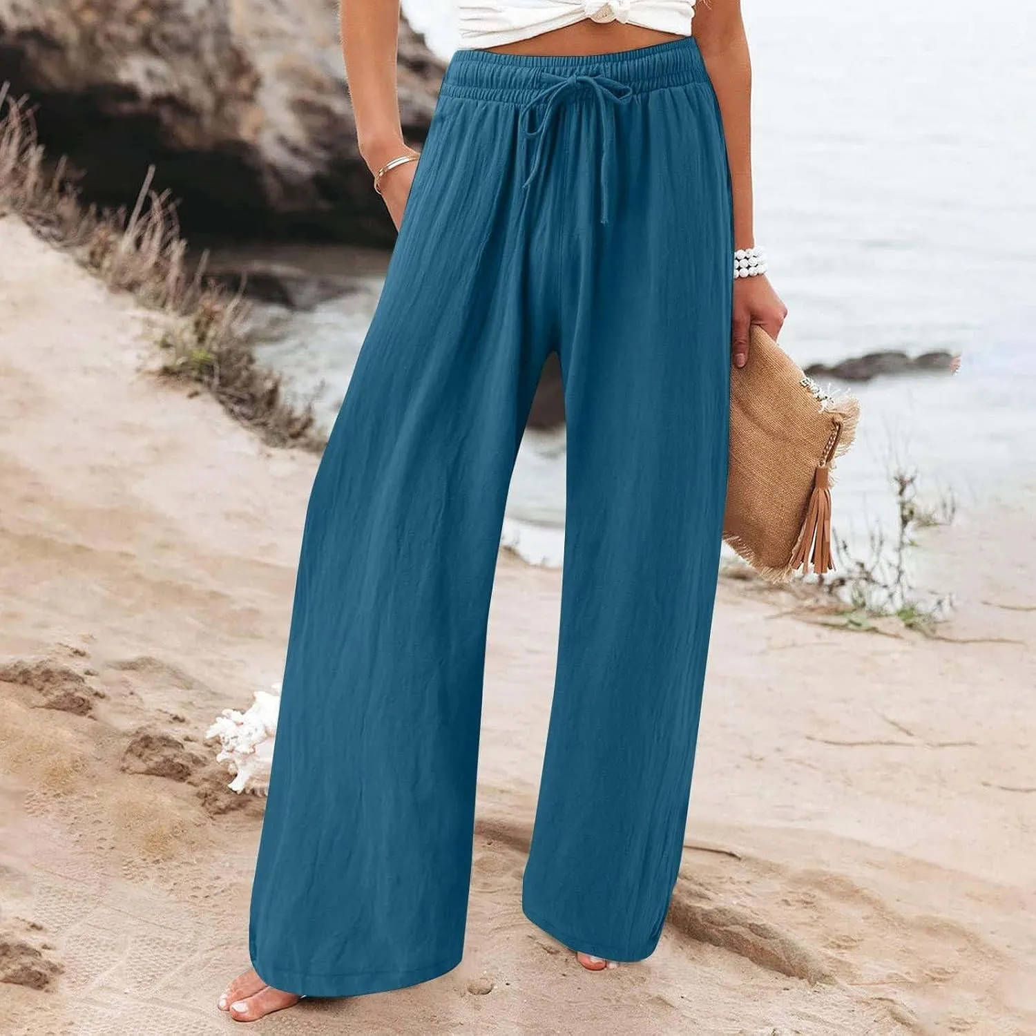 Womens Solid Cotton Linen Straight Pants Drawstring Summer High-Waist Pant Loose Flowy Trousers for Vacation Beach Travel