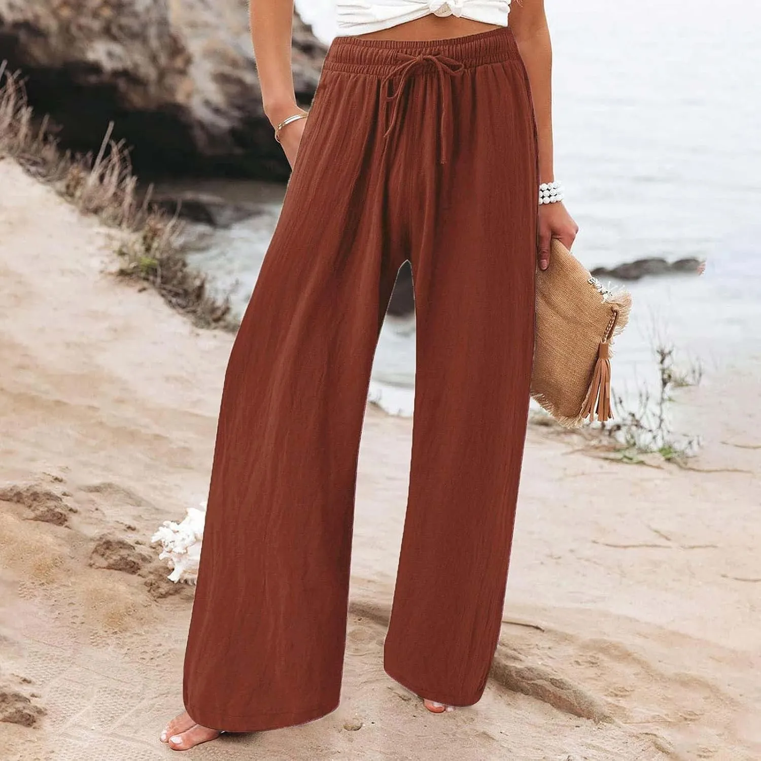 Womens Solid Cotton Linen Straight Pants Drawstring Summer High-Waist Pant Loose Flowy Trousers for Vacation Beach Travel