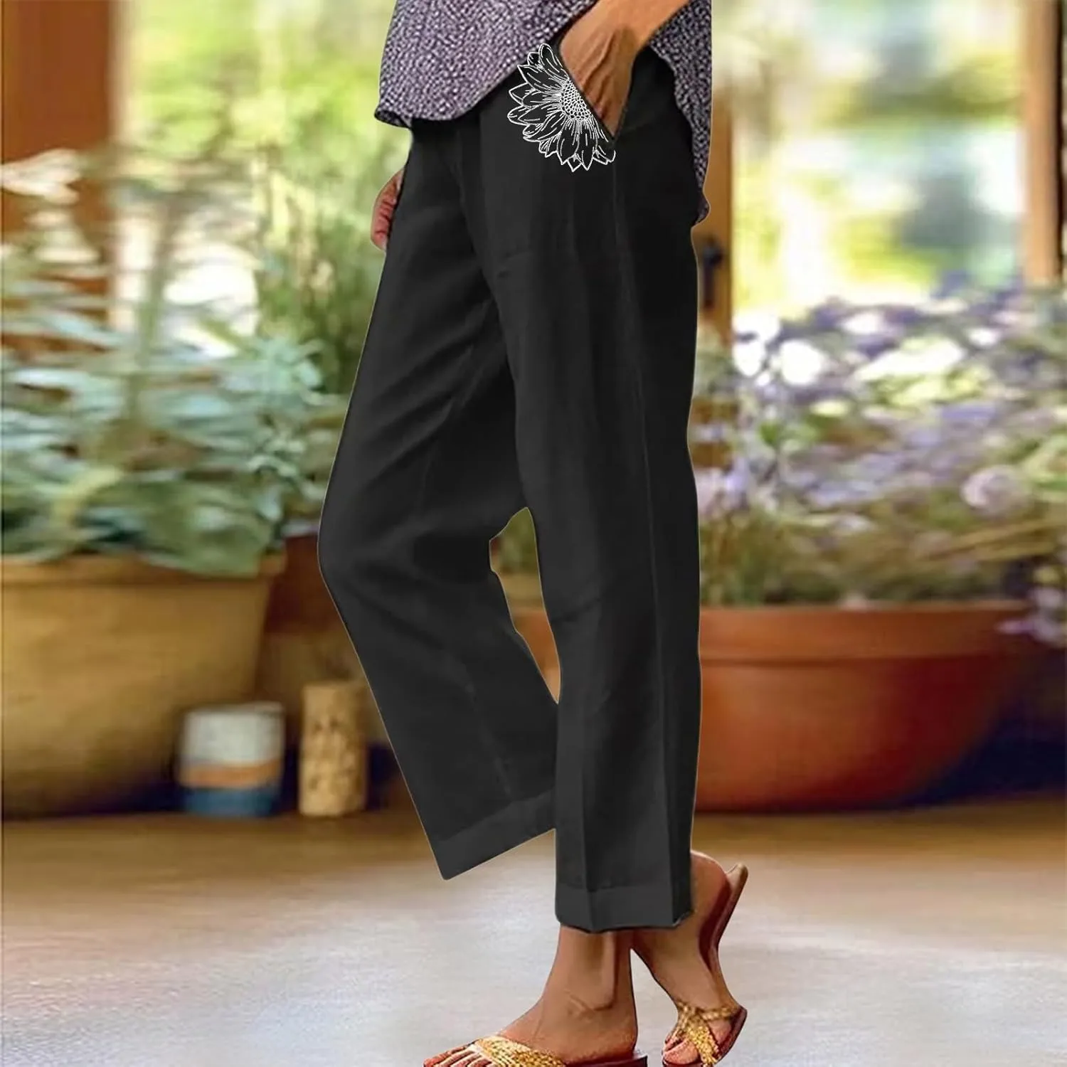 Women's Solid Cotton Linen Straight Pants Elastic High Waisted Casual Pants with Printed Pockets Summer Comfy Trousers