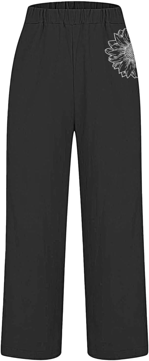 Women's Solid Cotton Linen Straight Pants Elastic High Waisted Casual Pants with Printed Pockets Summer Comfy Trousers