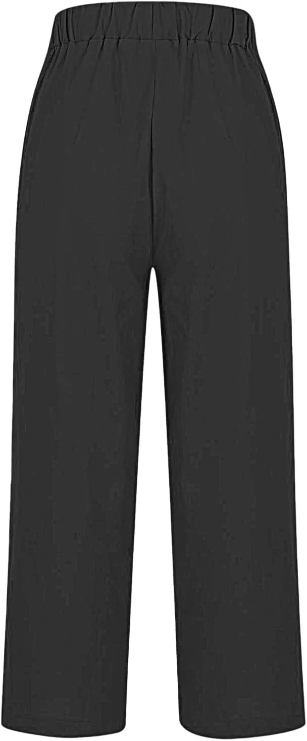 Women's Solid Cotton Linen Straight Pants Elastic High Waisted Casual Pants with Printed Pockets Summer Comfy Trousers