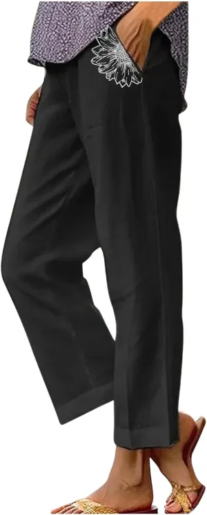 Women's Solid Cotton Linen Straight Pants Elastic High Waisted Casual Pants with Printed Pockets Summer Comfy Trousers