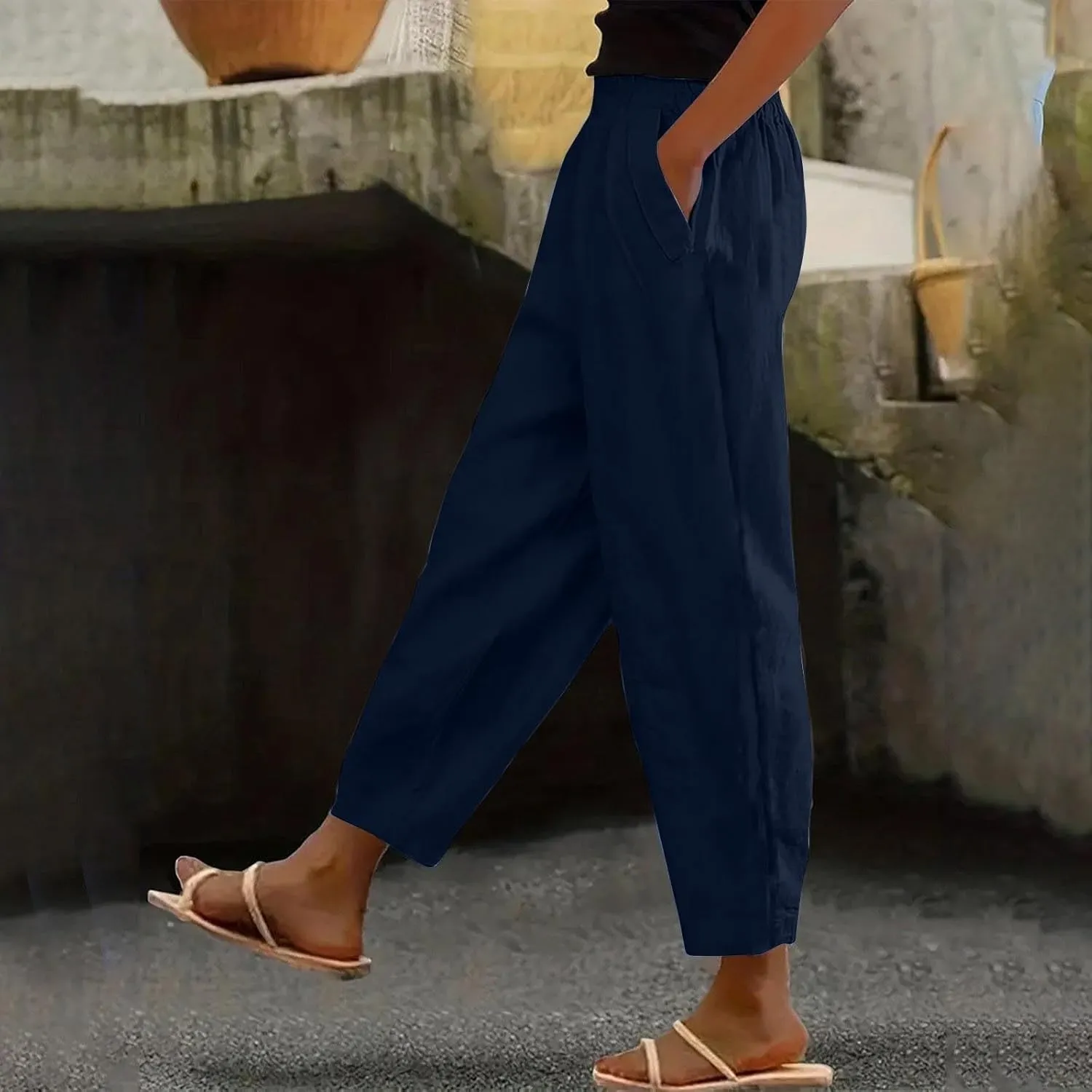 Womens Solid Cotton Linen Straight Pants High Waisted Wide Leg Trousers with Pokets Loose Comfy Causal Pant for Summer Beach