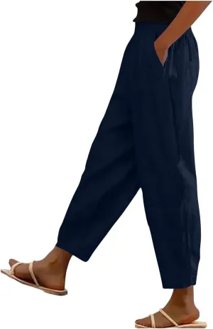 Womens Solid Cotton Linen Straight Pants High Waisted Wide Leg Trousers with Pokets Loose Comfy Causal Pant for Summer Beach