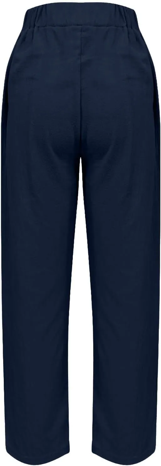 Womens Solid Cotton Linen Straight Pants High Waisted Wide Leg Trousers with Pokets Loose Comfy Causal Pant for Summer Beach