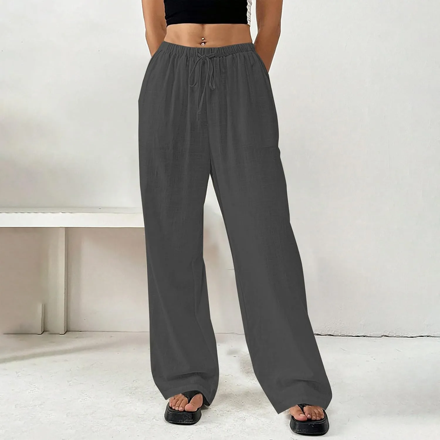 Women's Solid Cotton Linen Wide Leg Pants Drawstring Lightweight Summer Relax Fit Trouser Straight Trousers with Pockets