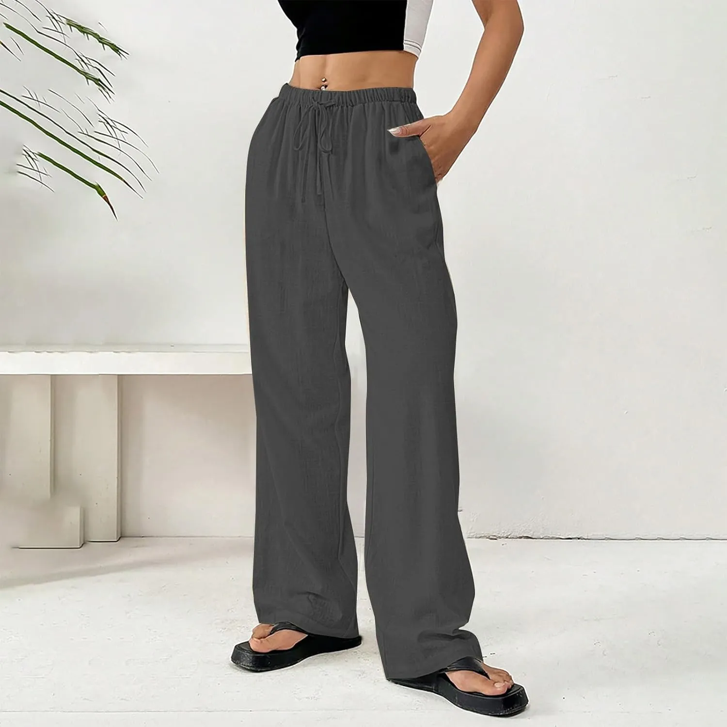 Women's Solid Cotton Linen Wide Leg Pants Drawstring Lightweight Summer Relax Fit Trouser Straight Trousers with Pockets