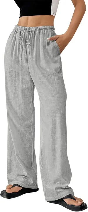 Women's Solid Cotton Linen Wide Leg Pants Drawstring Lightweight Summer Relax Fit Trouser Straight Trousers with Pockets