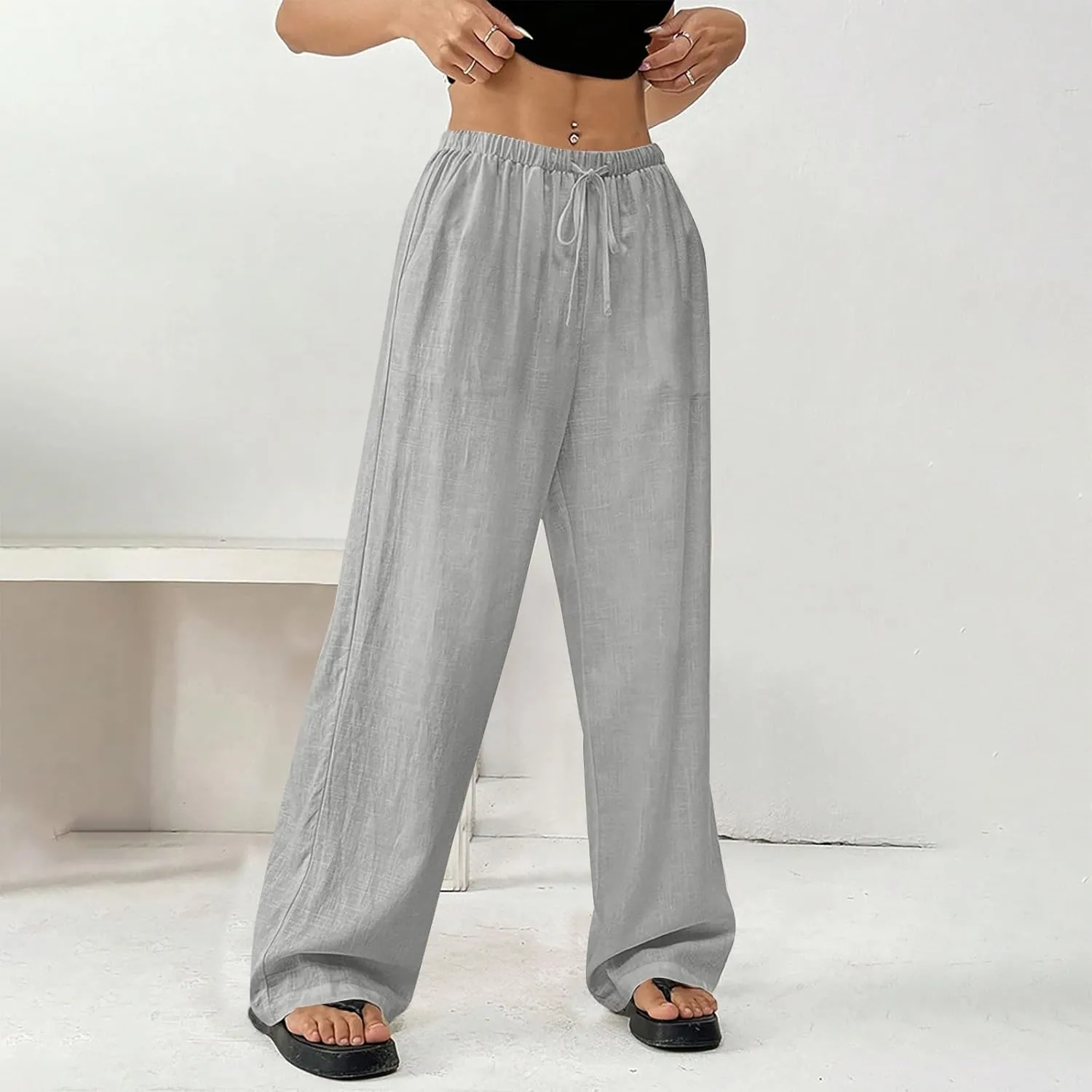 Women's Solid Cotton Linen Wide Leg Pants Drawstring Lightweight Summer Relax Fit Trouser Straight Trousers with Pockets