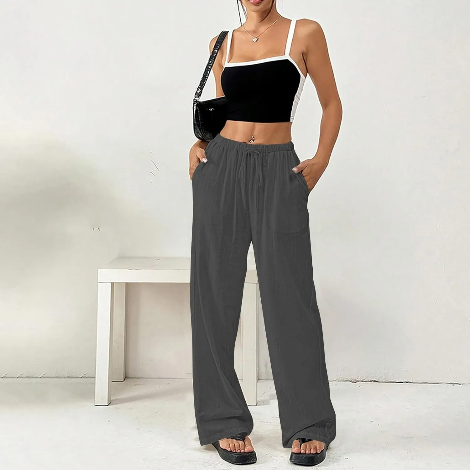Women's Solid Cotton Linen Wide Leg Pants Drawstring Lightweight Summer Relax Fit Trouser Straight Trousers with Pockets