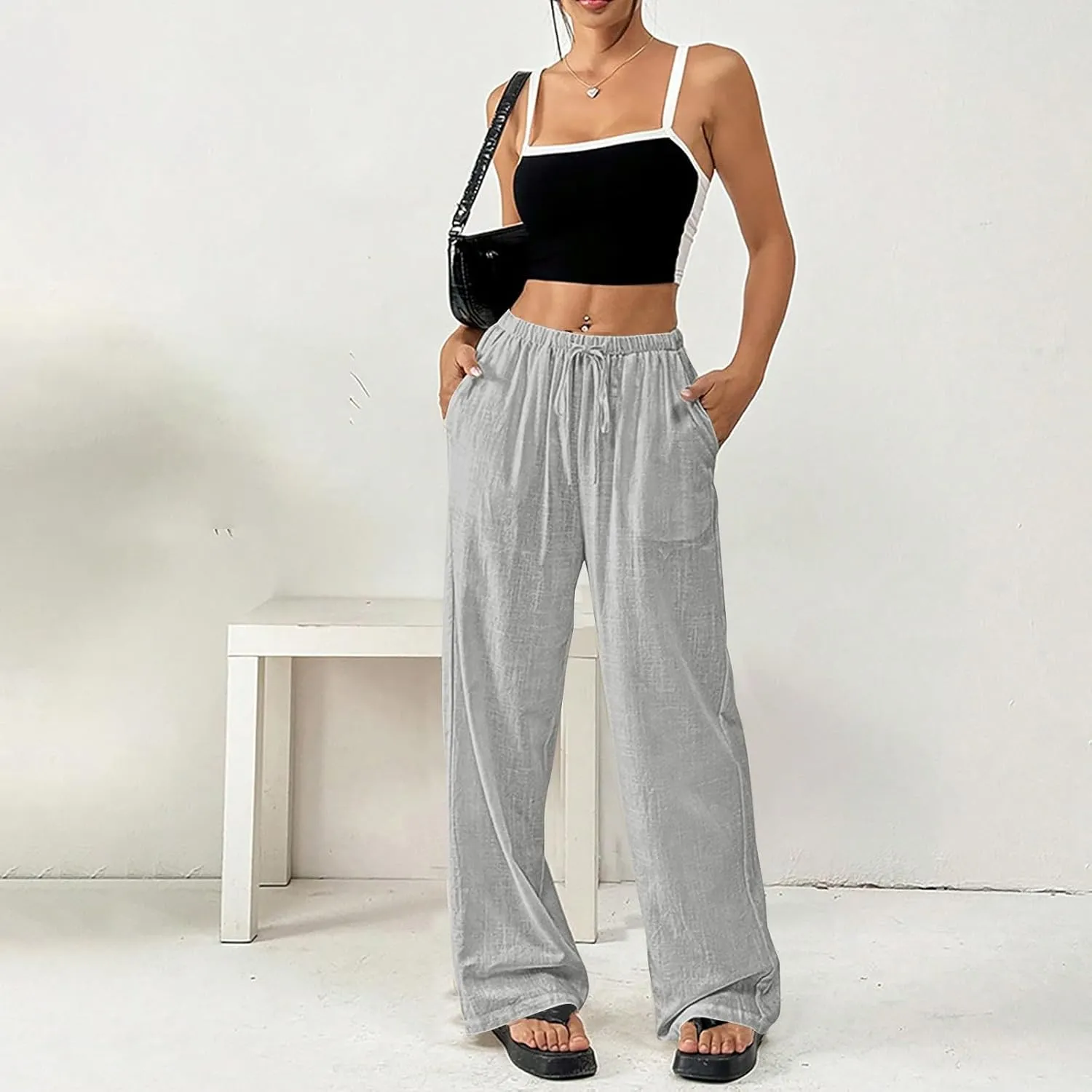 Women's Solid Cotton Linen Wide Leg Pants Drawstring Lightweight Summer Relax Fit Trouser Straight Trousers with Pockets