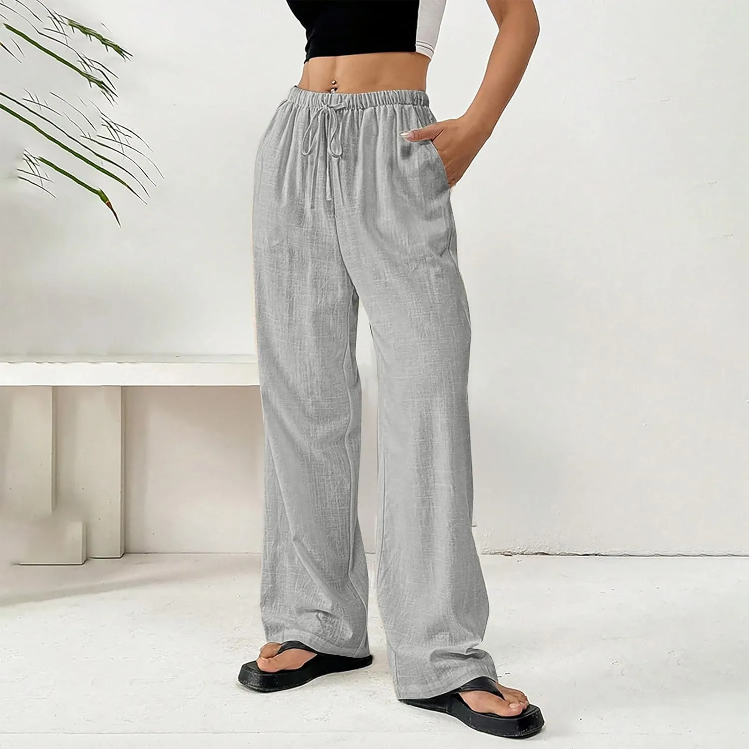 Women's Solid Cotton Linen Wide Leg Pants Drawstring Lightweight Summer Relax Fit Trouser Straight Trousers with Pockets