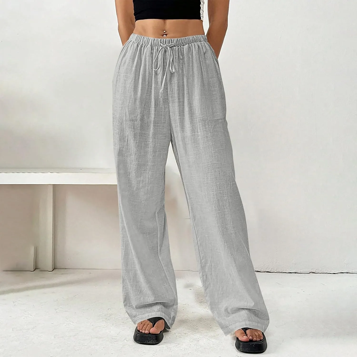Women's Solid Cotton Linen Wide Leg Pants Drawstring Lightweight Summer Relax Fit Trouser Straight Trousers with Pockets
