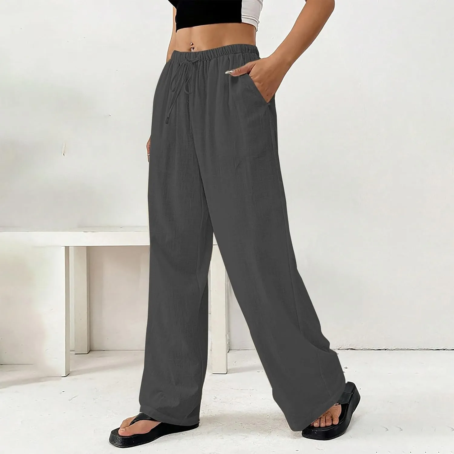 Women's Solid Cotton Linen Wide Leg Pants Drawstring Lightweight Summer Relax Fit Trouser Straight Trousers with Pockets