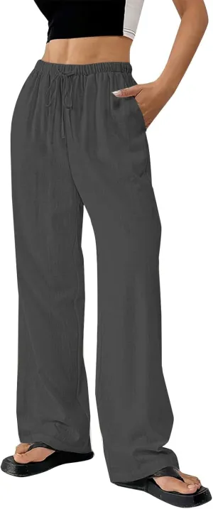 Women's Solid Cotton Linen Wide Leg Pants Drawstring Lightweight Summer Relax Fit Trouser Straight Trousers with Pockets