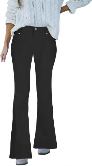 Women's Solid Flared Casual Trousers High Waist Button Slim Fit Bell Bottom Pants Spring Fashion Lightweight Business Pant