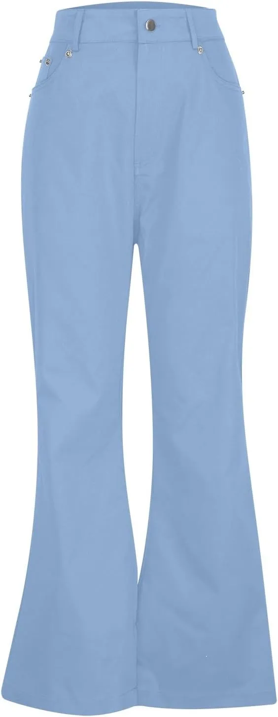 Women's Solid Flared Casual Trousers High Waist Button Slim Fit Bell Bottom Pants Spring Fashion Lightweight Business Pant