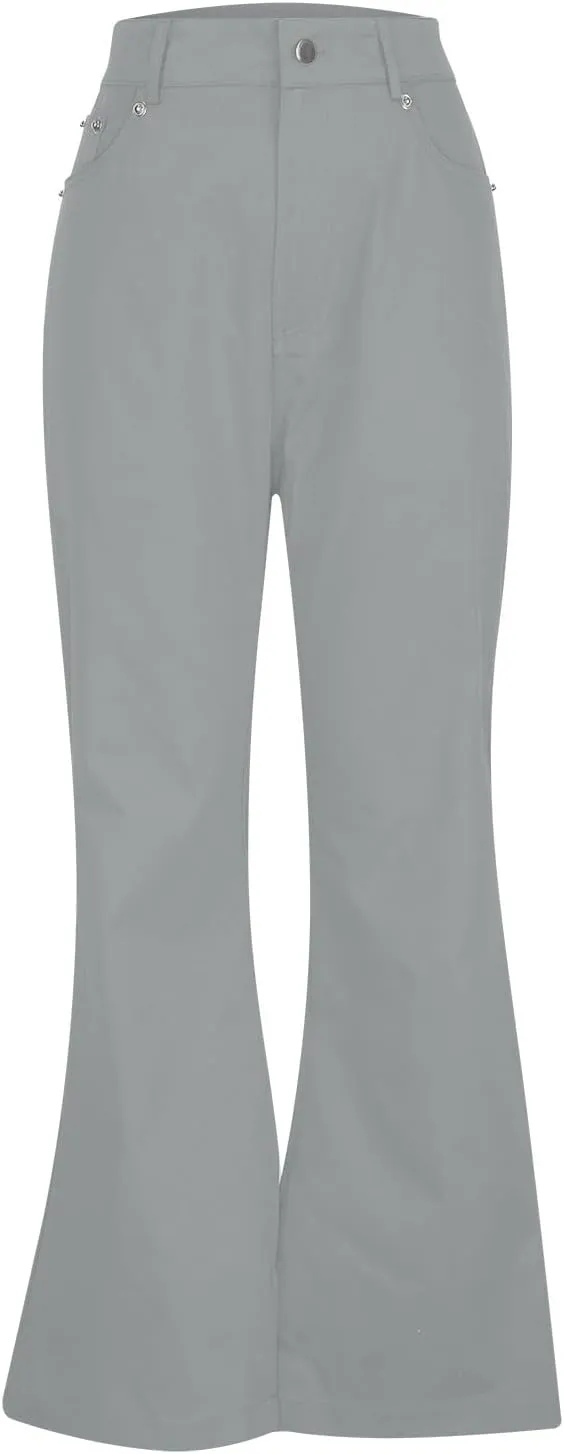 Women's Solid Flared Casual Trousers High Waist Button Slim Fit Bell Bottom Pants Spring Fashion Lightweight Business Pant