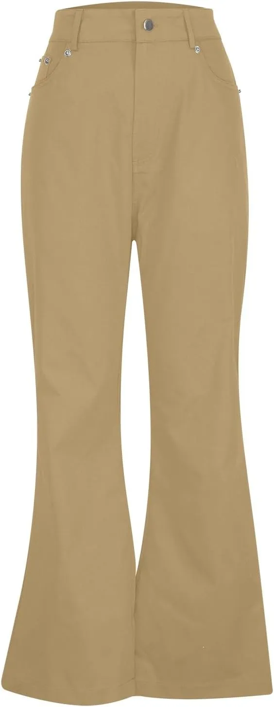 Women's Solid Flared Casual Trousers High Waist Button Slim Fit Bell Bottom Pants Spring Fashion Lightweight Business Pant