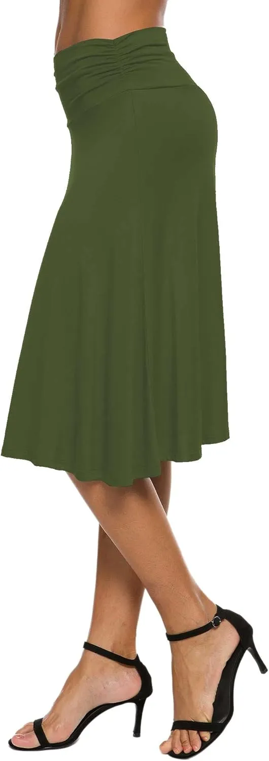 Women's Solid Stretch Ruched Waistband Flared Midi Yoga Skirt
