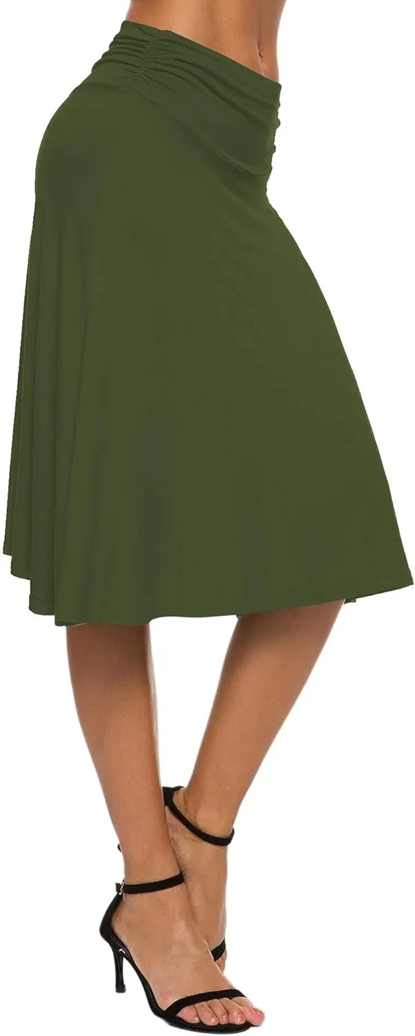 Women's Solid Stretch Ruched Waistband Flared Midi Yoga Skirt
