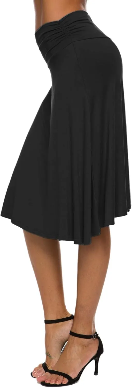 Women's Solid Stretch Ruched Waistband Flared Midi Yoga Skirt