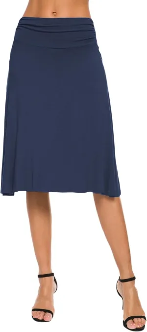 Women's Solid Stretch Ruched Waistband Flared Midi Yoga Skirt