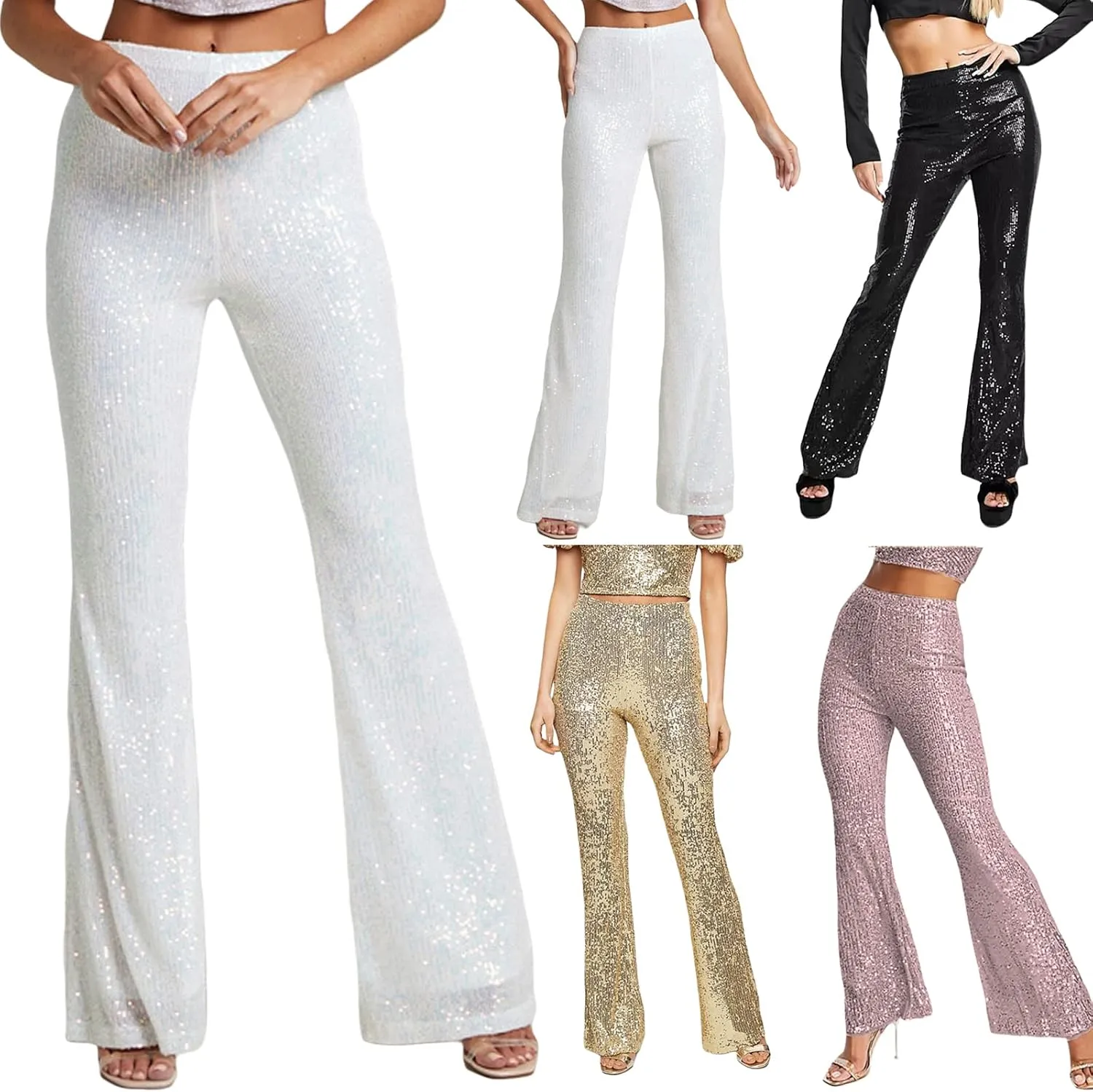 Women's Sparkly Bell Bottom Pants High Waist Wide Leg Sequin Flared Pants Slim Night Shiny Trousers Party Club Pants
