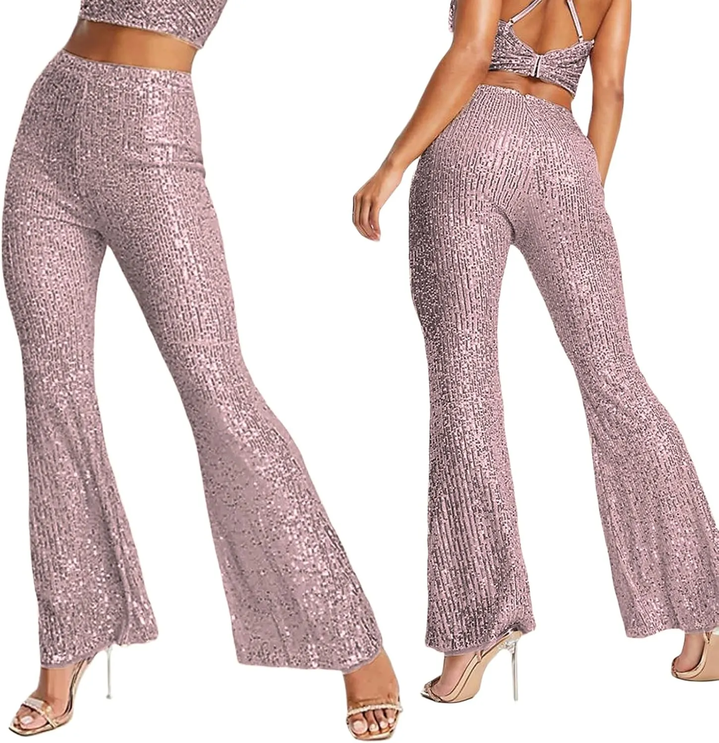 Women's Sparkly Bell Bottom Pants High Waist Wide Leg Sequin Flared Pants Slim Night Shiny Trousers Party Club Pants