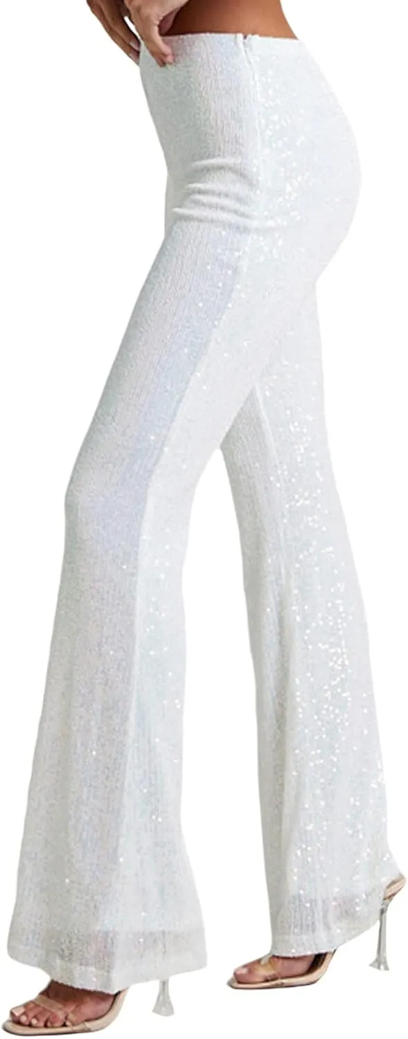 Women's Sparkly Bell Bottom Pants High Waist Wide Leg Sequin Flared Pants Slim Night Shiny Trousers Party Club Pants