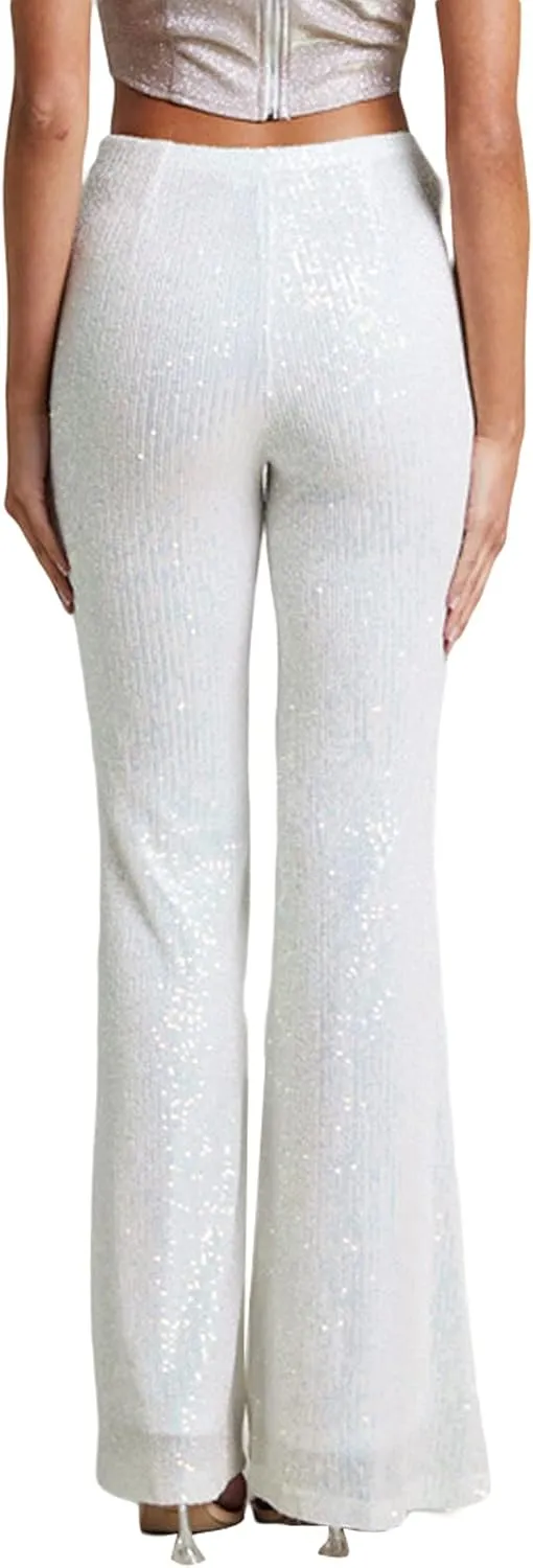 Women's Sparkly Bell Bottom Pants High Waist Wide Leg Sequin Flared Pants Slim Night Shiny Trousers Party Club Pants