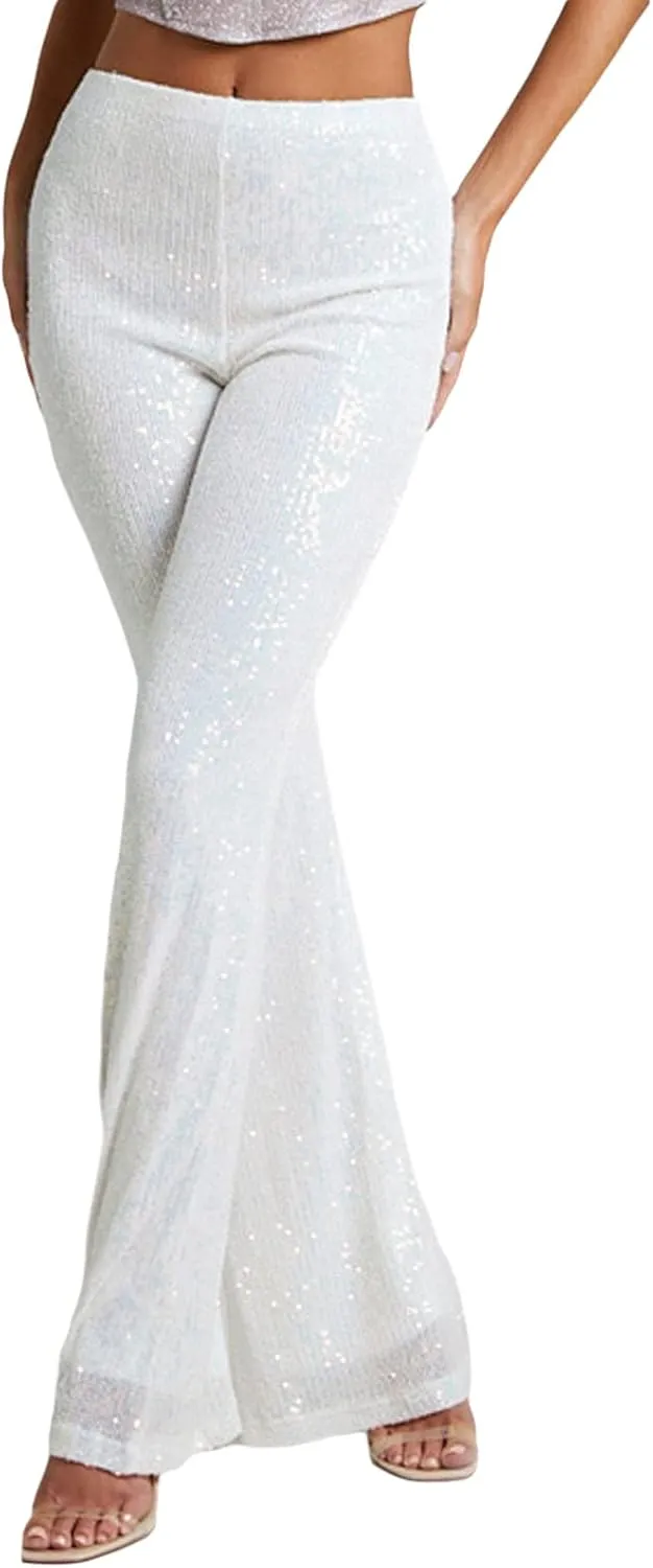 Women's Sparkly Bell Bottom Pants High Waist Wide Leg Sequin Flared Pants Slim Night Shiny Trousers Party Club Pants