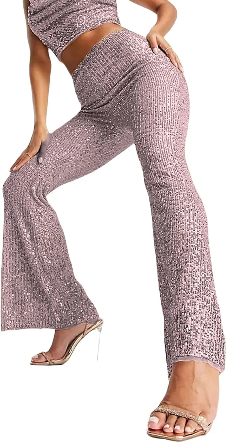 Women's Sparkly Bell Bottom Pants High Waist Wide Leg Sequin Flared Pants Slim Night Shiny Trousers Party Club Pants