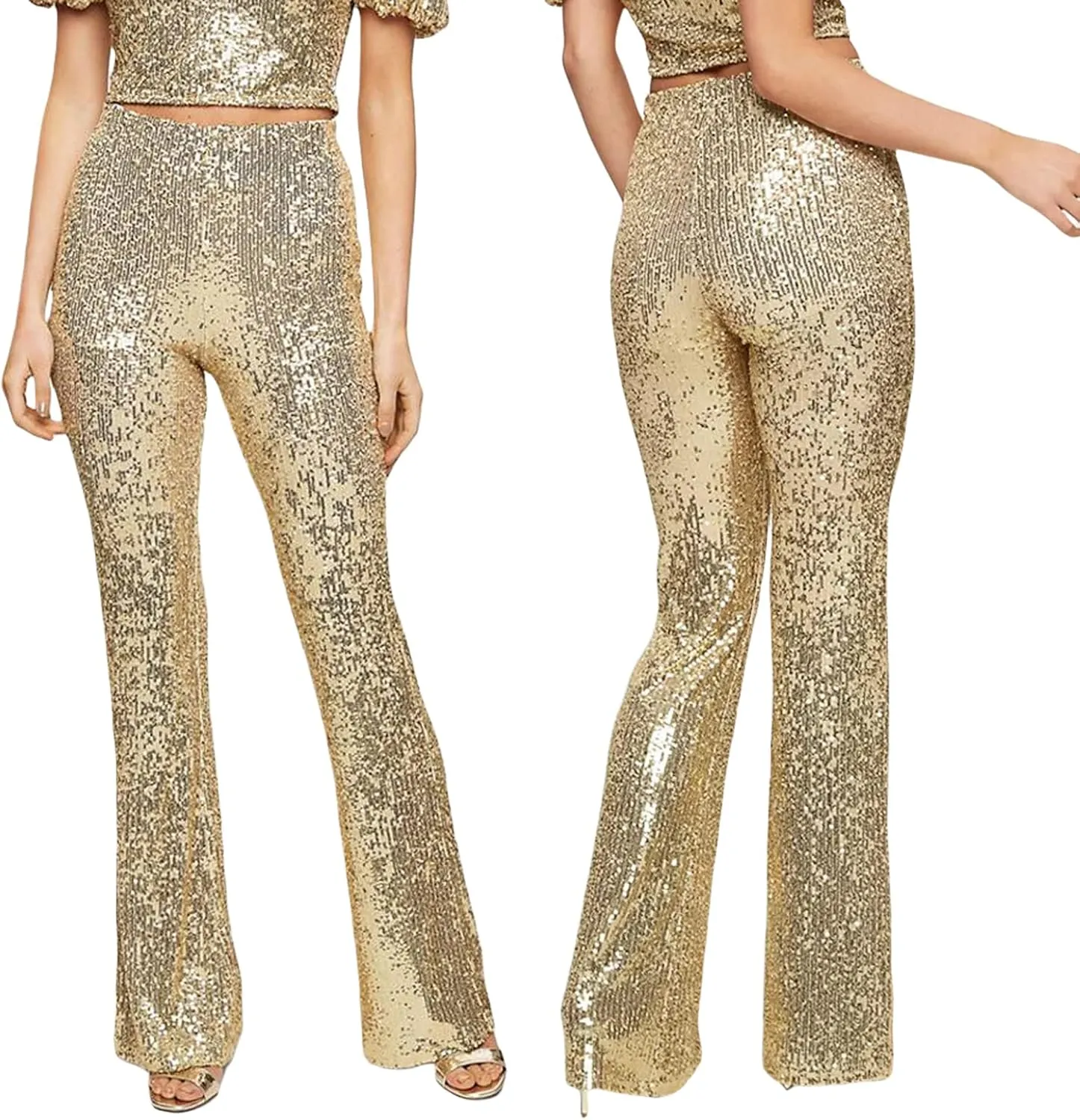 Women's Sparkly Bell Bottom Pants High Waist Wide Leg Sequin Flared Pants Slim Night Shiny Trousers Party Club Pants