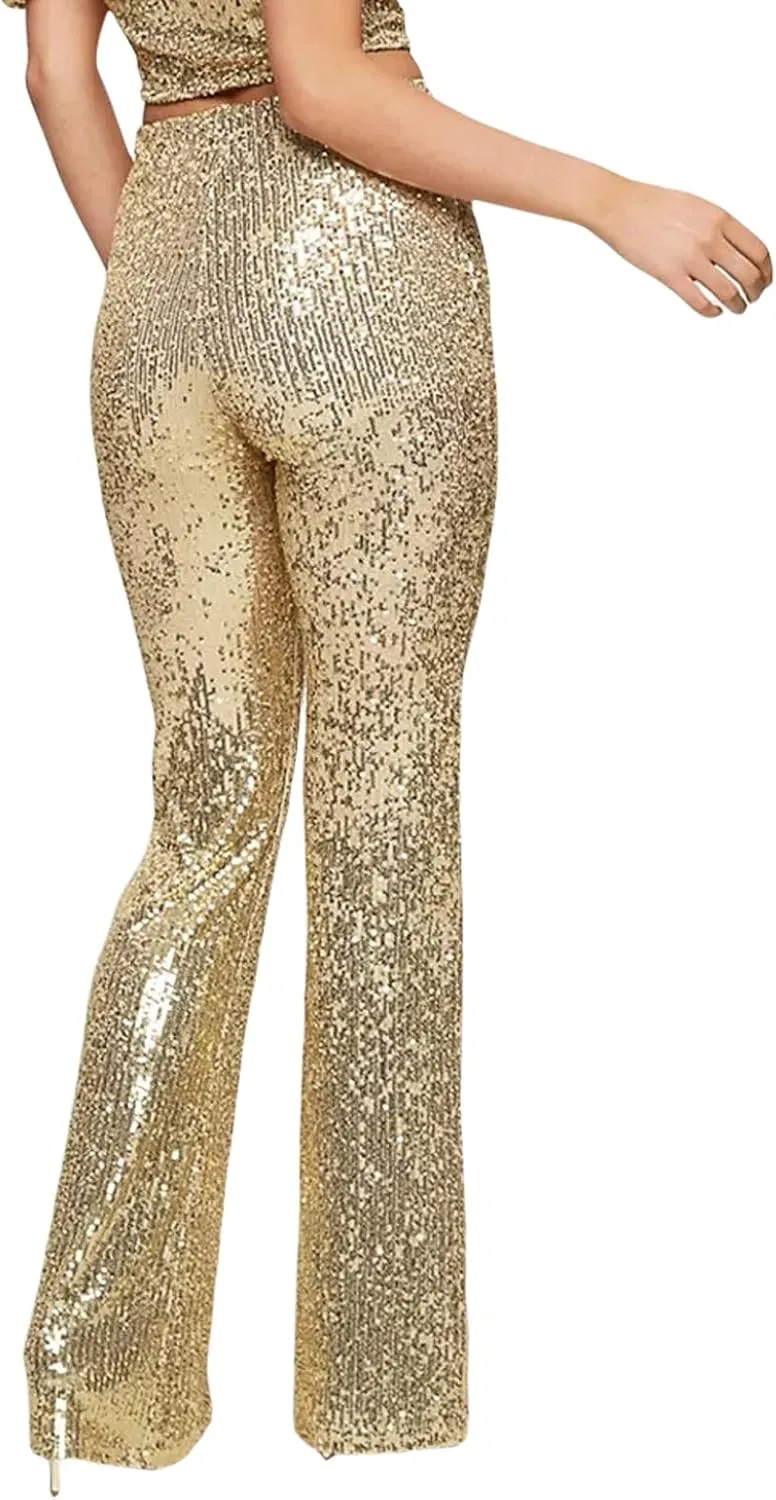 Women's Sparkly Bell Bottom Pants High Waist Wide Leg Sequin Flared Pants Slim Night Shiny Trousers Party Club Pants
