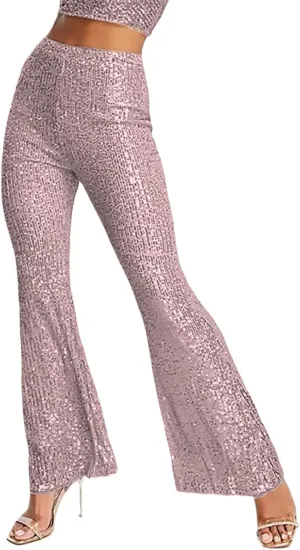 Women's Sparkly Bell Bottom Pants High Waist Wide Leg Sequin Flared Pants Slim Night Shiny Trousers Party Club Pants