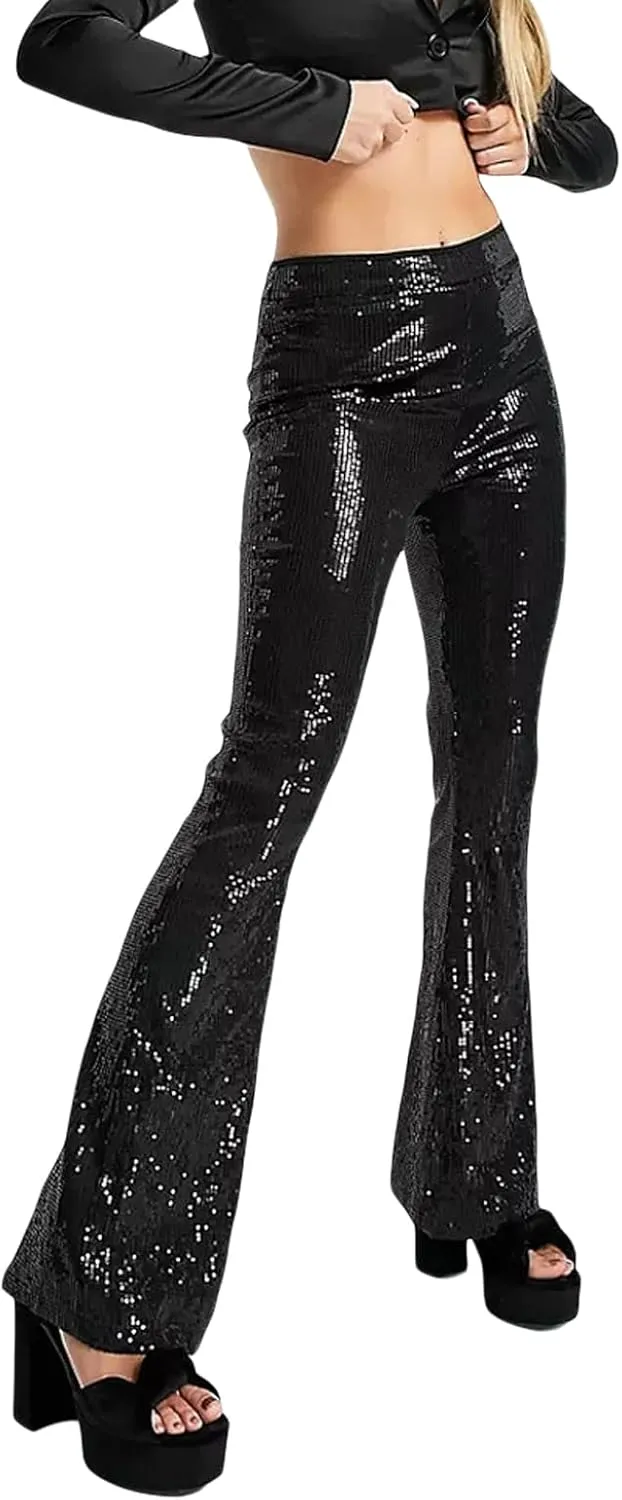 Women's Sparkly Bell Bottom Pants High Waist Wide Leg Sequin Flared Pants Slim Night Shiny Trousers Party Club Pants