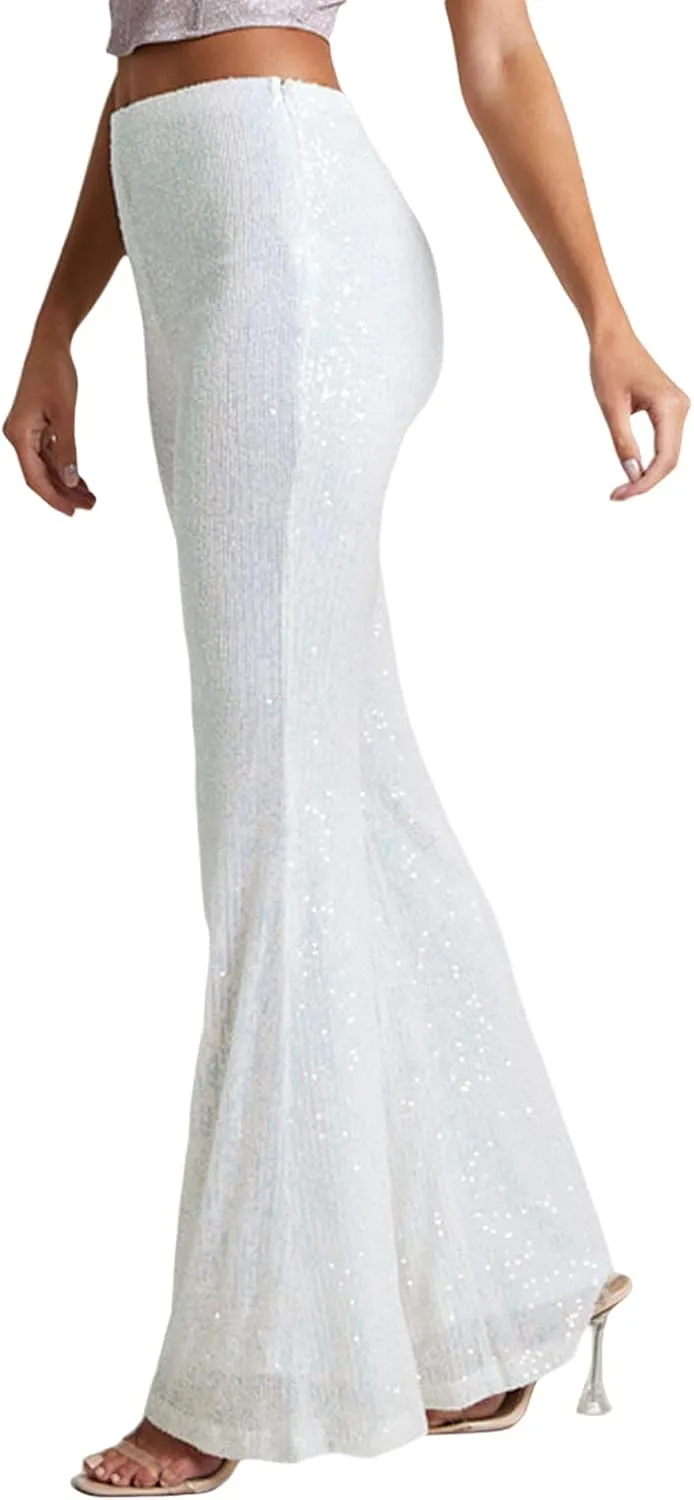 Women's Sparkly Bell Bottom Pants High Waist Wide Leg Sequin Flared Pants Slim Night Shiny Trousers Party Club Pants