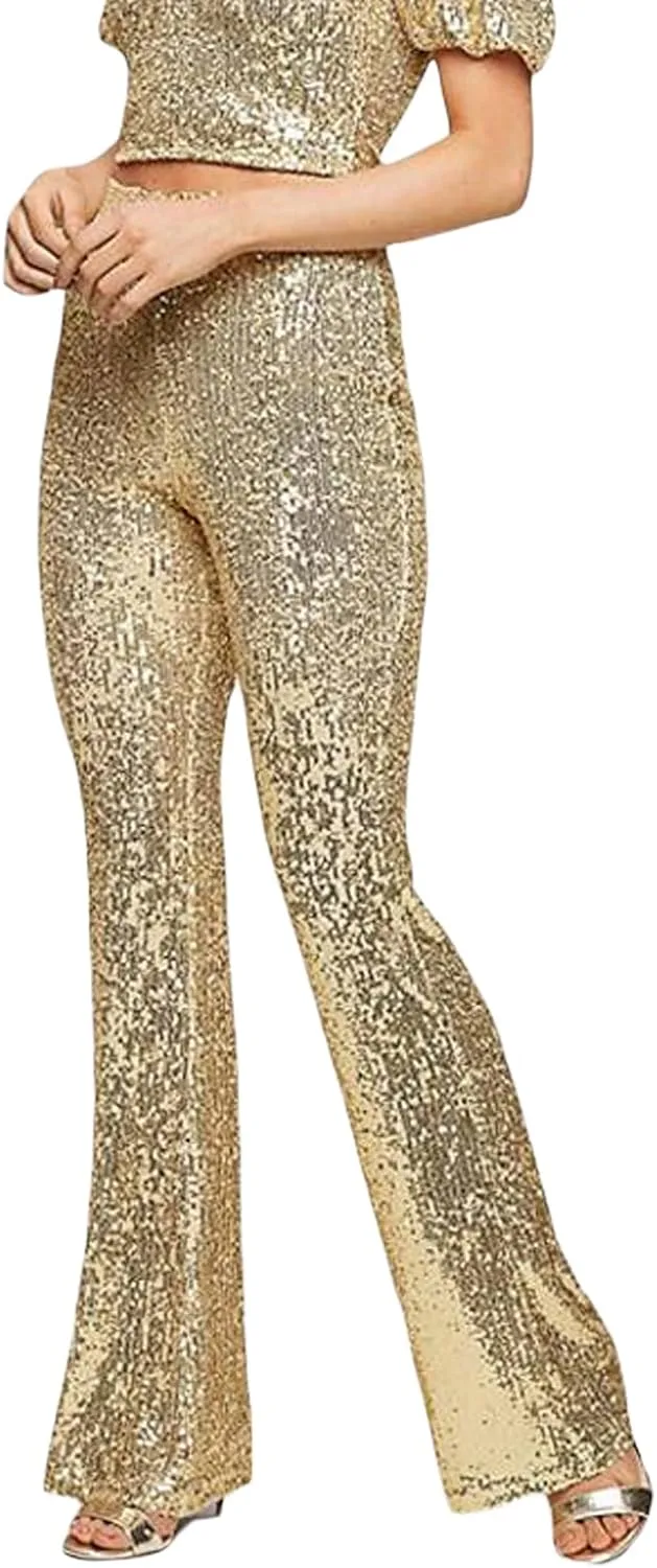 Women's Sparkly Bell Bottom Pants High Waist Wide Leg Sequin Flared Pants Slim Night Shiny Trousers Party Club Pants