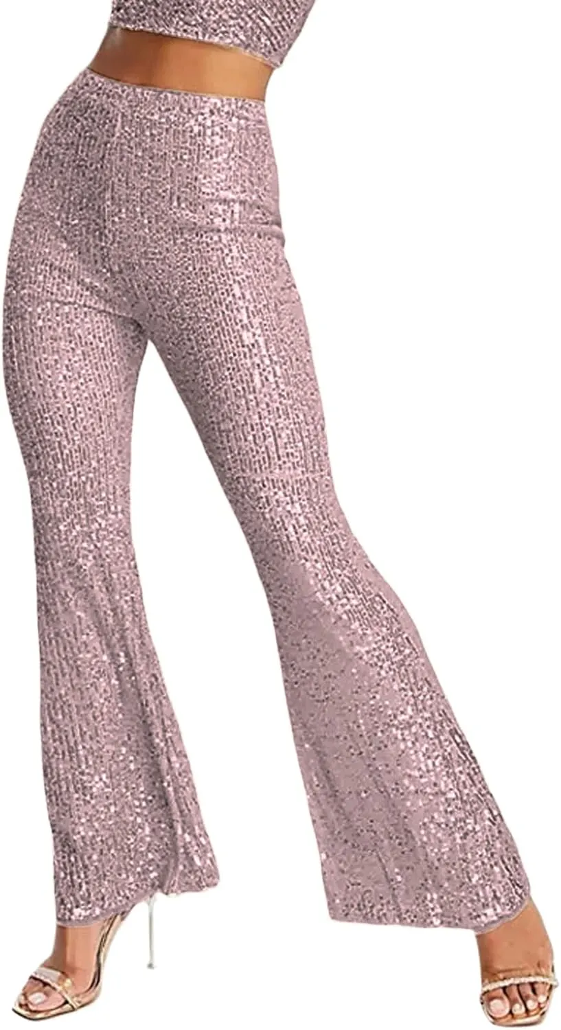 Women's Sparkly Bell Bottom Pants High Waist Wide Leg Sequin Flared Pants Slim Night Shiny Trousers Party Club Pants