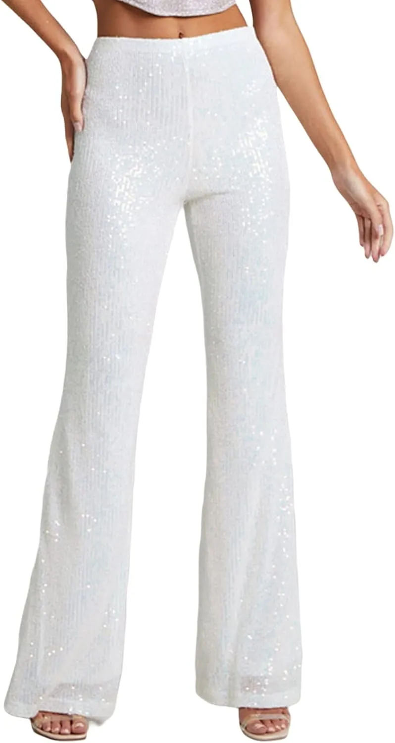 Women's Sparkly Bell Bottom Pants High Waist Wide Leg Sequin Flared Pants Slim Night Shiny Trousers Party Club Pants