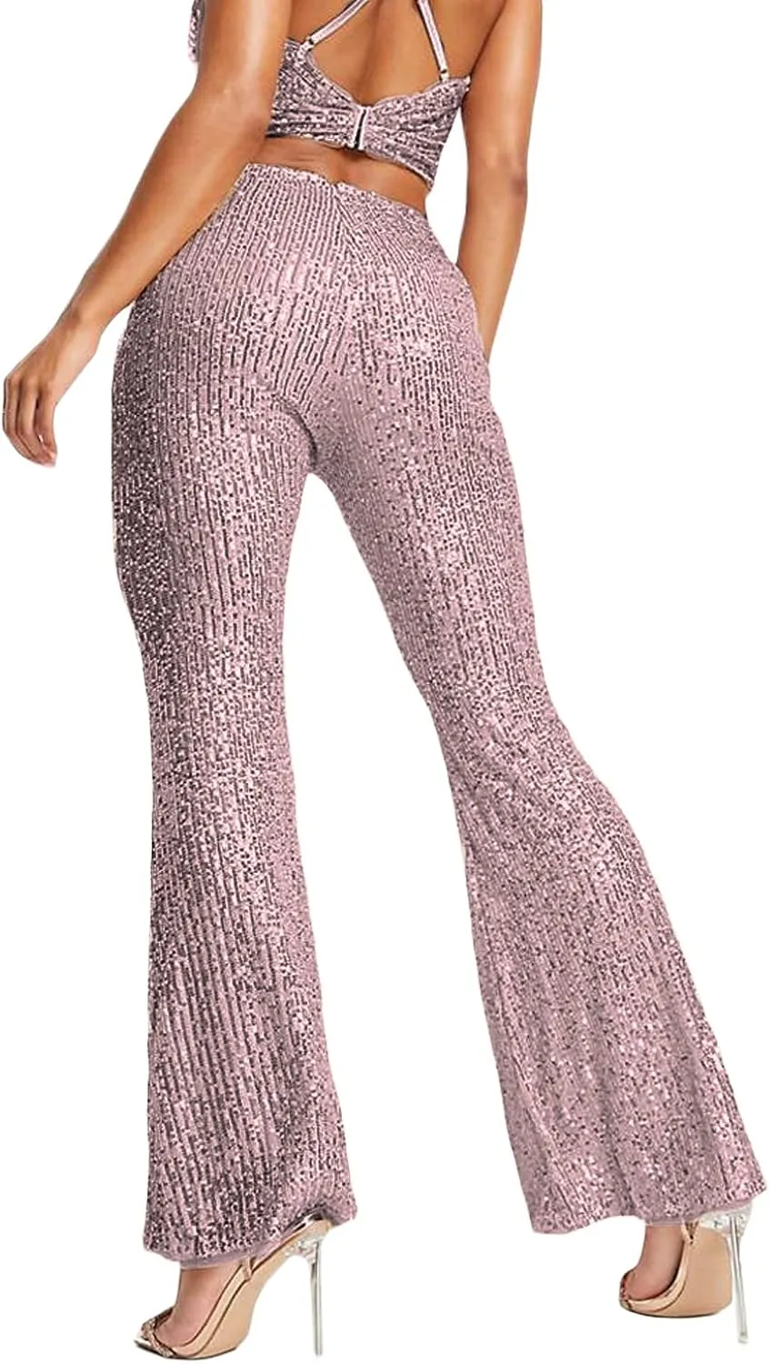 Women's Sparkly Bell Bottom Pants High Waist Wide Leg Sequin Flared Pants Slim Night Shiny Trousers Party Club Pants