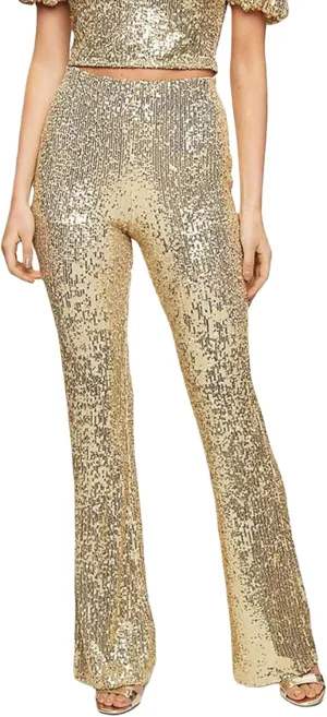 Women's Sparkly Bell Bottom Pants High Waist Wide Leg Sequin Flared Pants Slim Night Shiny Trousers Party Club Pants