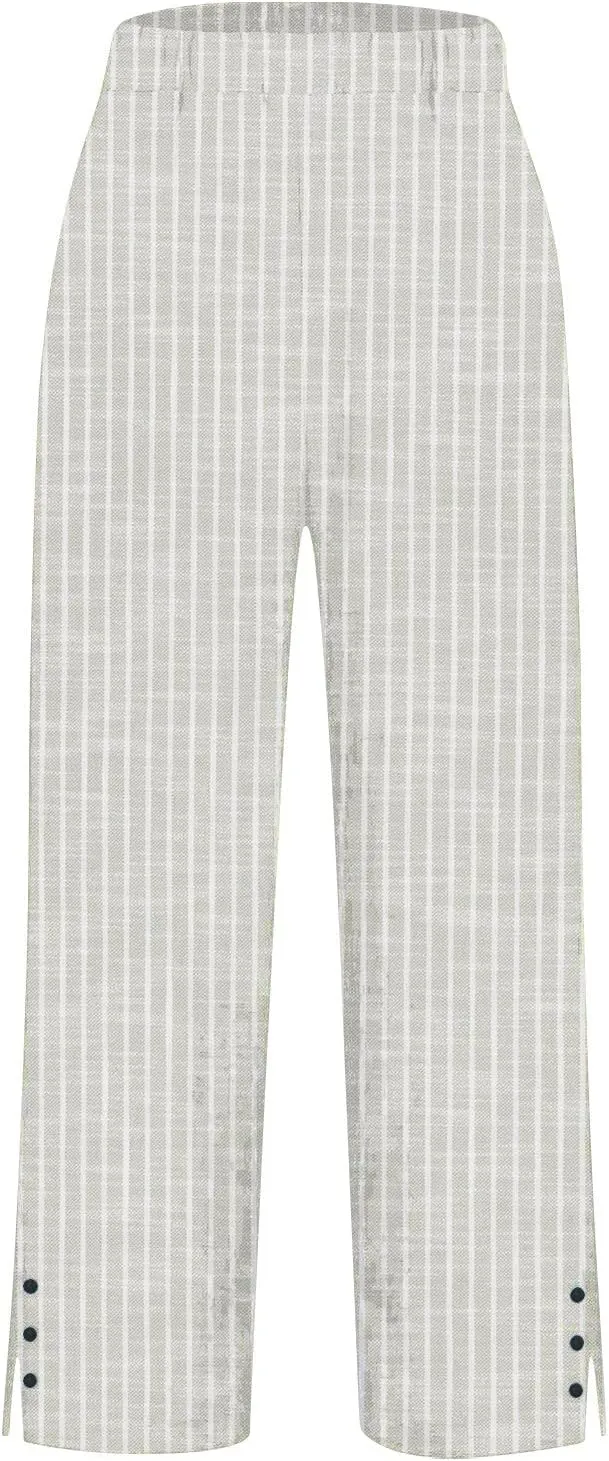 Women's Striped Cotton Linen Pants 2025 Summer Straight Loose Beach Trousers Elastic Lightweight Cropped Wide Leg Pants