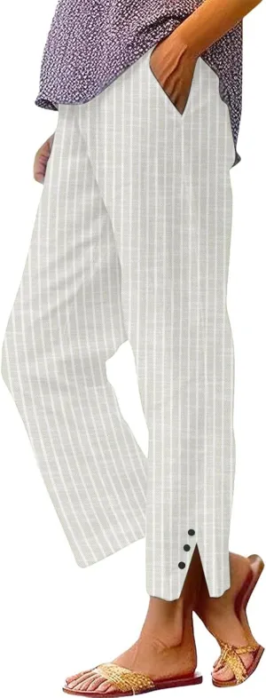 Women's Striped Cotton Linen Pants 2025 Summer Straight Loose Beach Trousers Elastic Lightweight Cropped Wide Leg Pants