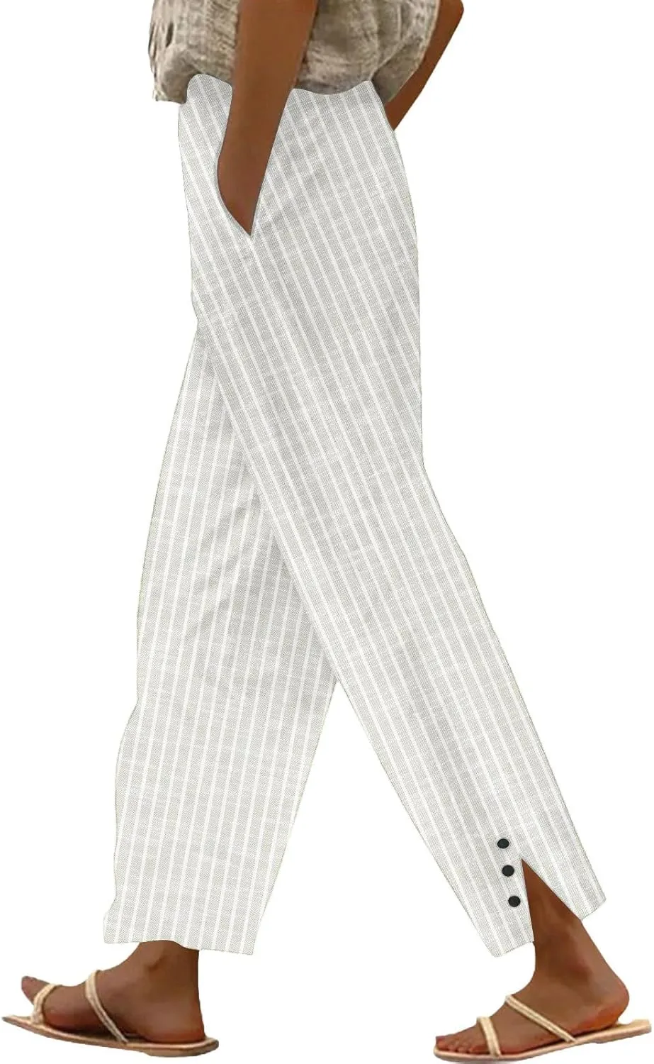 Women's Striped Cotton Linen Pants 2025 Summer Straight Loose Beach Trousers Elastic Lightweight Cropped Wide Leg Pants