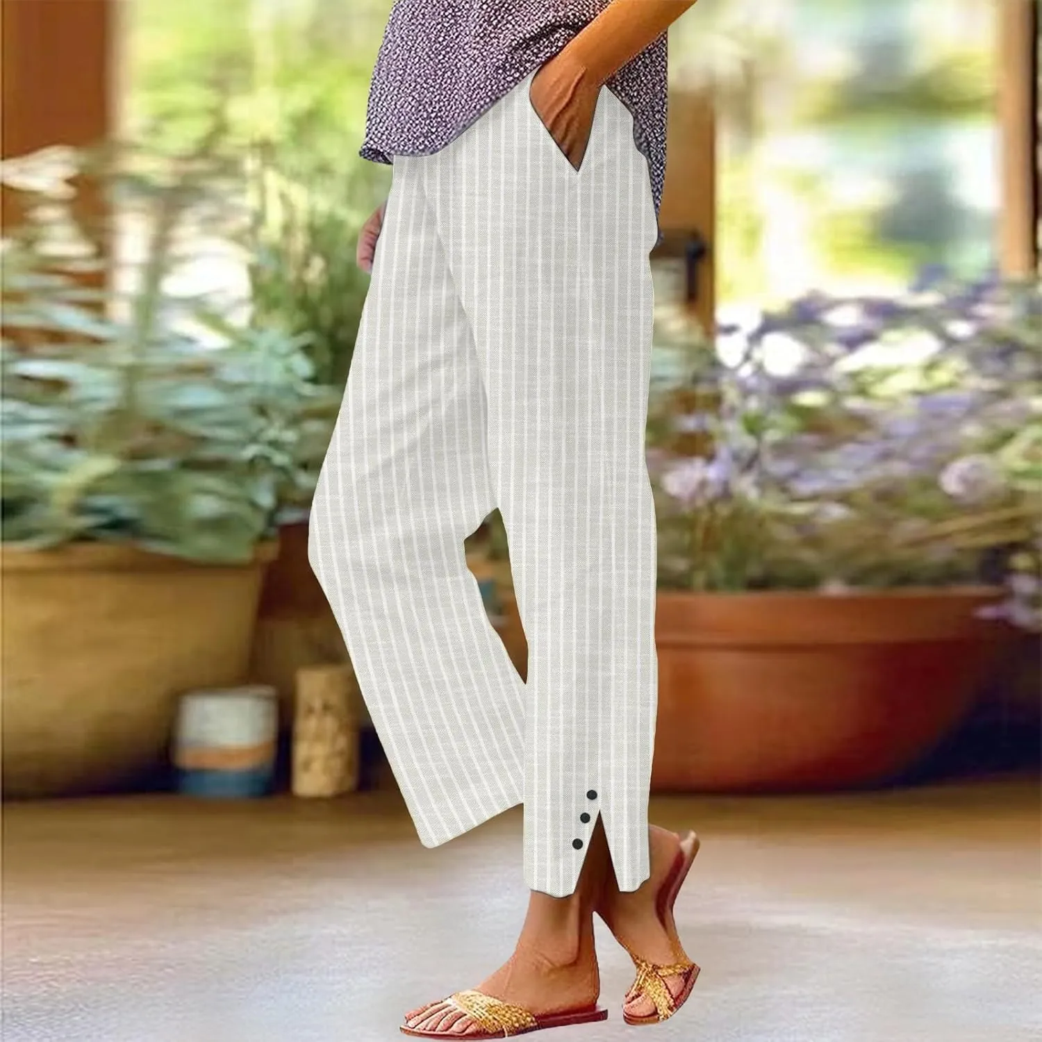 Women's Striped Cotton Linen Pants 2025 Summer Straight Loose Beach Trousers Elastic Lightweight Cropped Wide Leg Pants
