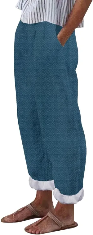 Women's Striped Cotton Linen Wide Leg Pants Summer Casual Comfy Pants Elastic Waist Breathable Fashionable Trousers