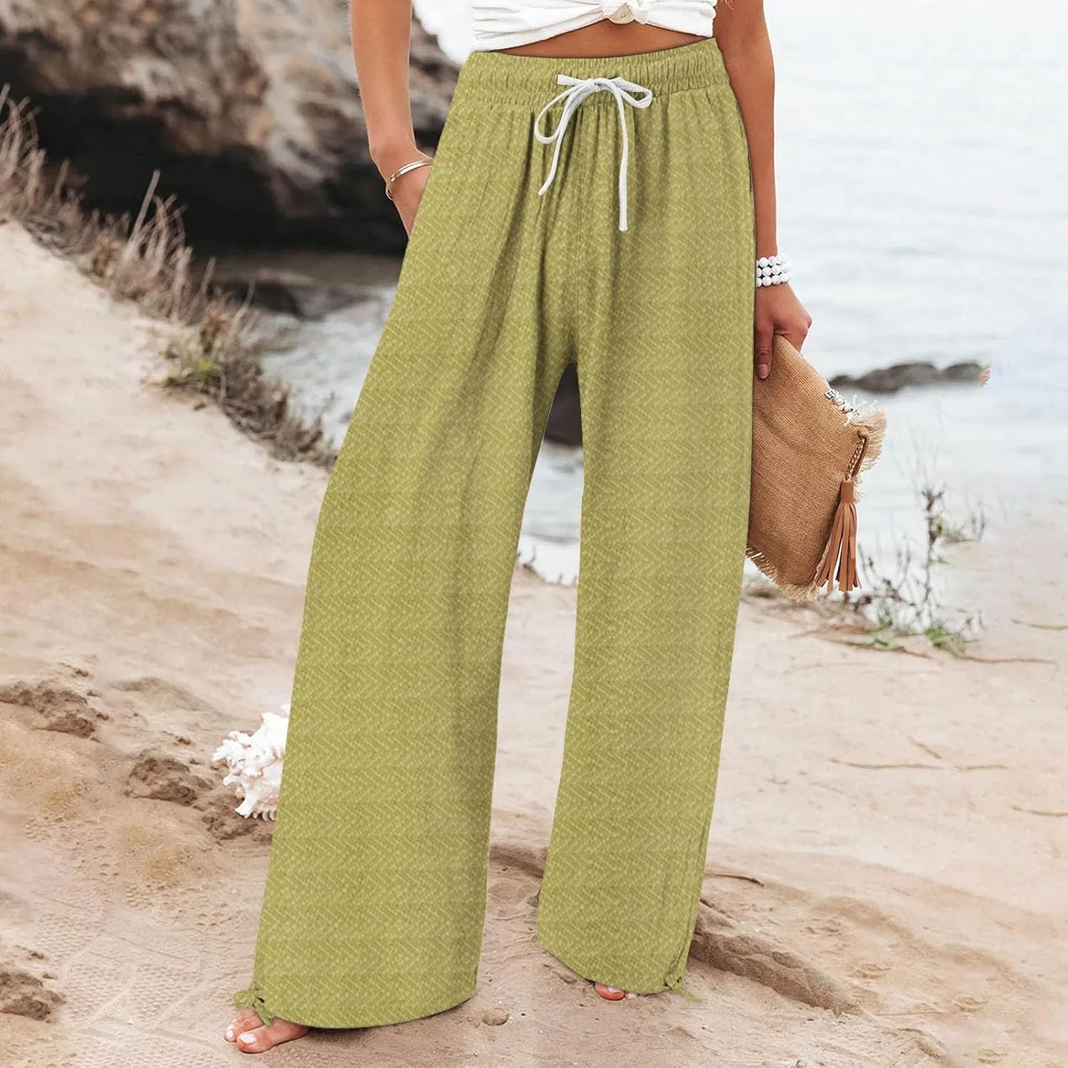 Women's Striped Cotton Linen Wide Leg Pants Summer Casual Comfy Pants with Pockets 2025 Drawstring Elastic Waist Trousers
