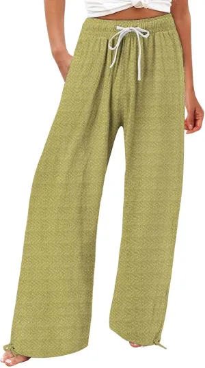 Women's Striped Cotton Linen Wide Leg Pants Summer Casual Comfy Pants with Pockets 2025 Drawstring Elastic Waist Trousers